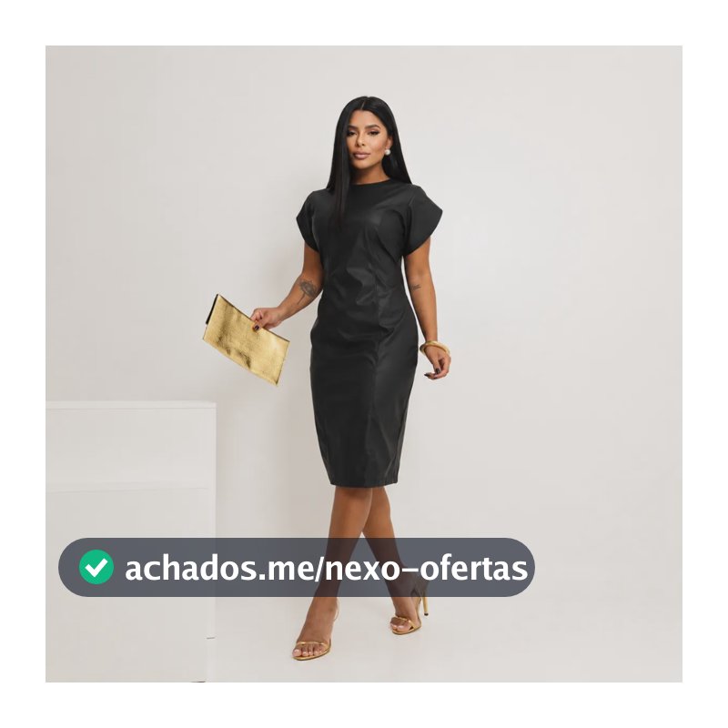 Vestido Feminino Midi Couro Fake Manga Curta Elegante Casual Preto P