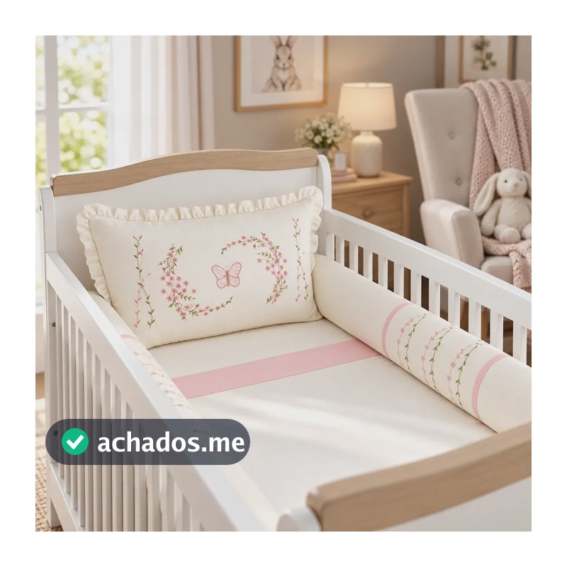 Kit Berço Paris 8 Peças Protetor Berço Bordado Menina Paris Algodão Rosê