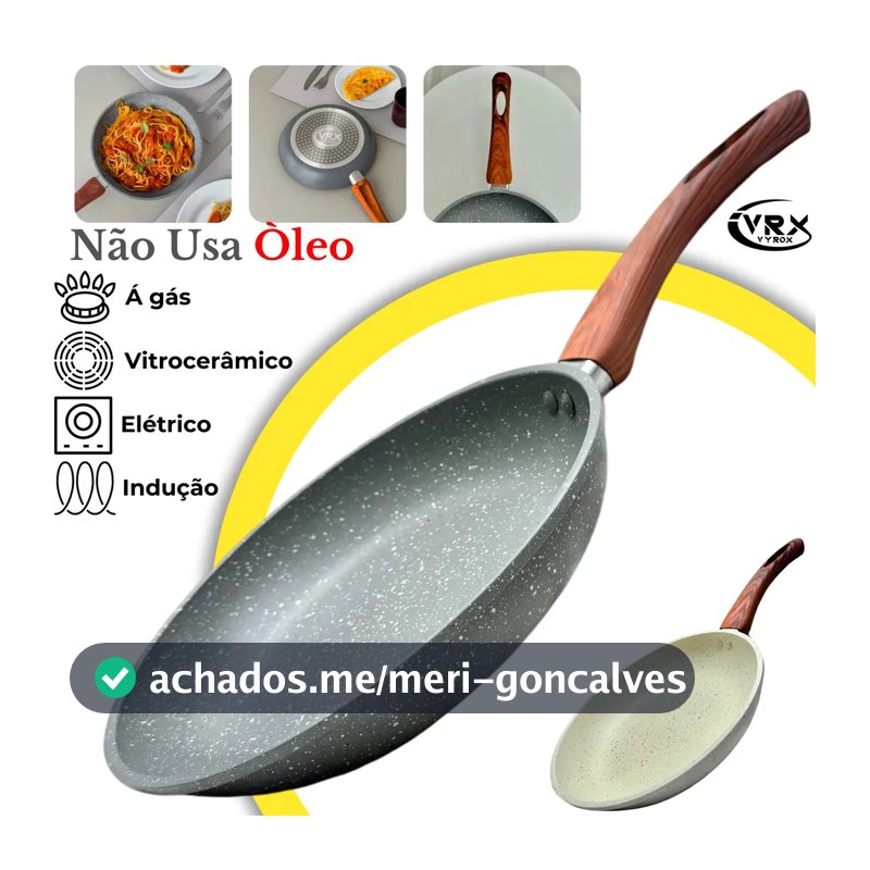 Frigideira Cerâmica 24cm Grande Premium Antiaderente Fogão Cooktop Indução Elétrico Gás Fundo Triplo Frita sem Óleo Cozinha Cabo de Baquelite Soft Touch Antitérmico Profissional VYROX