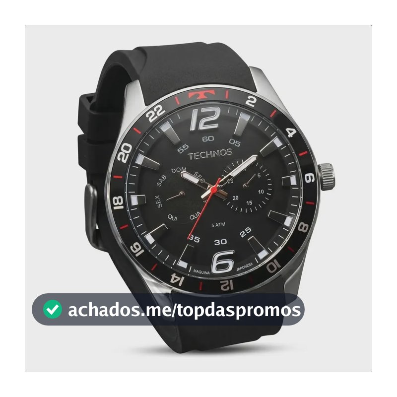 Relógio Technos Masculino 6P25BN/8P Analógico 46 Milímetros Pulseira Silicone Preto Macia Prova D´Agua 50m com Calendário