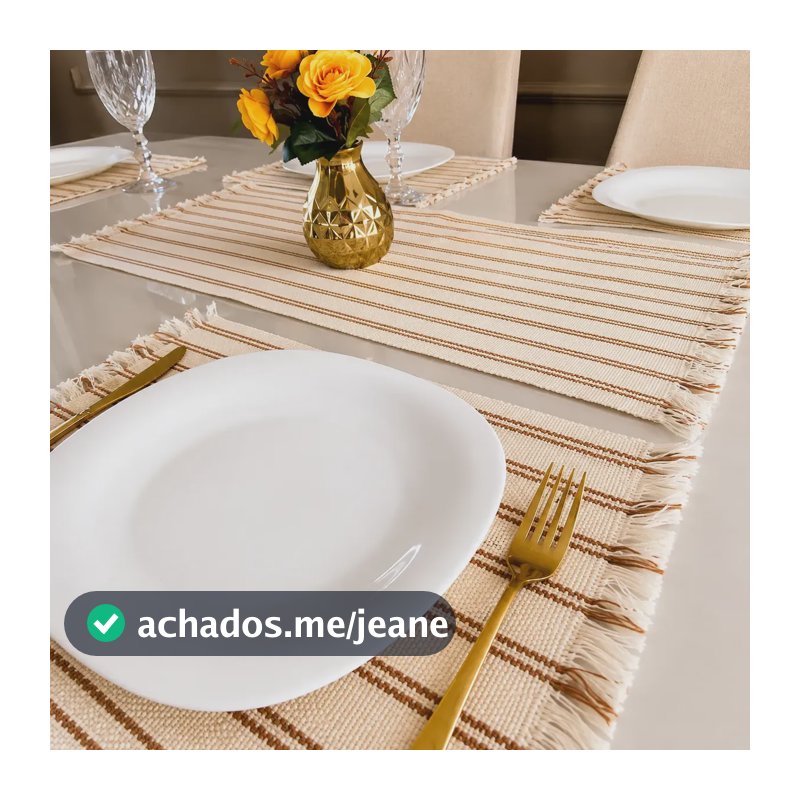 Jogo Americano 7 Peças Mesa Posta Luxo 6 Lugares + Caminho Listrado Cru E Cáqui Listras