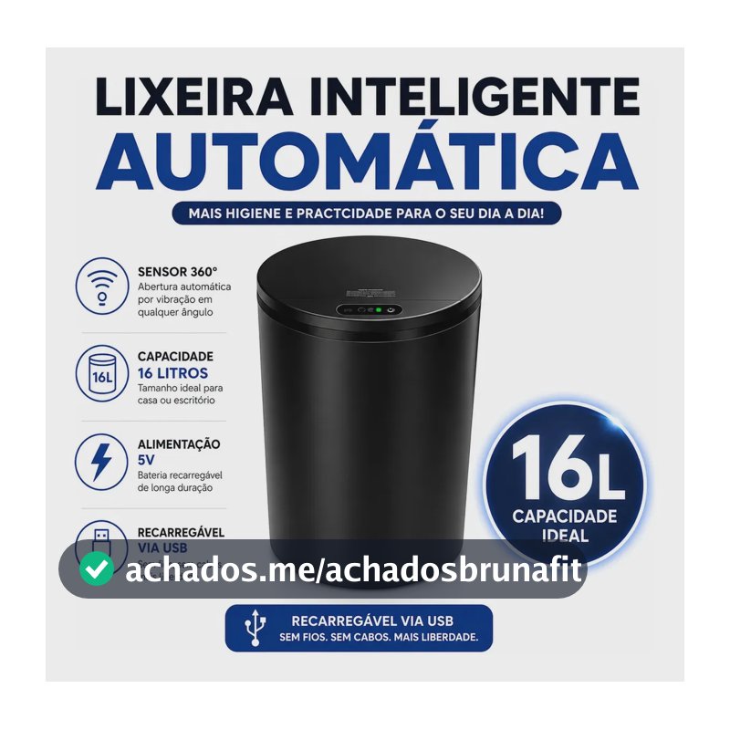 Lixeira Inteligente Automática com Sensor para Cozinha e Banheiro, 16 Litros Preto