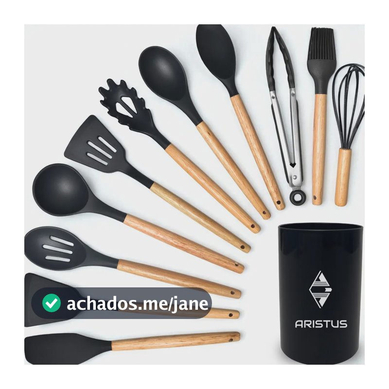 Kit 12 Utensílios De Cozinha Em Silicone Premium Com Cabo De Madeira Marca Aristus Resistentes Ao Calor Até 220°c, Antiaderentes, Duráveis E Modernos Cor Preto