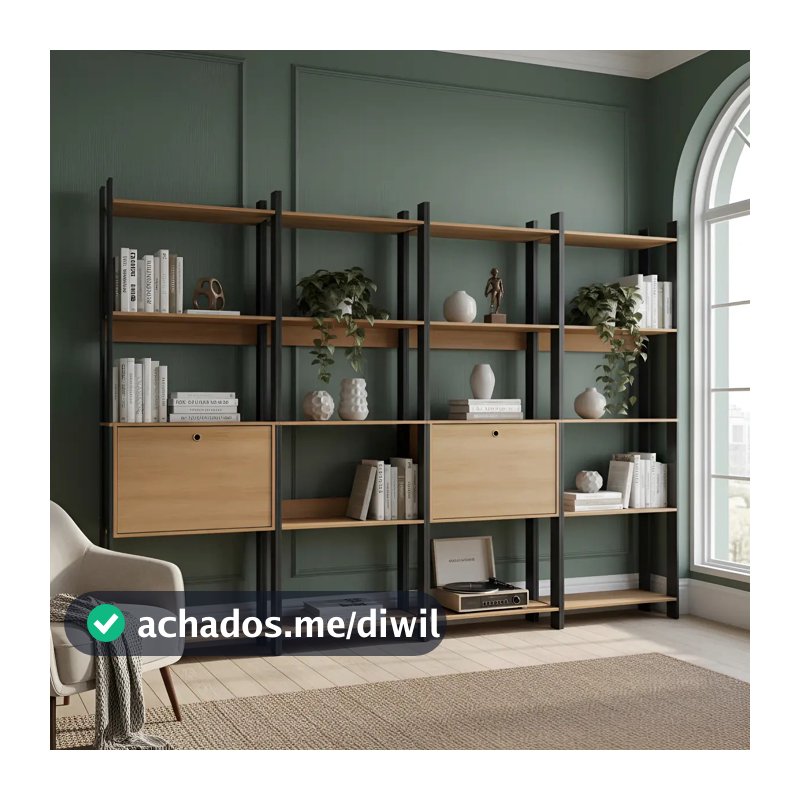 Kit 4 Estantes Para Livros 2 Portas 20 Prateleiras Estilo Industrial Lâmina Mel/preto - Brv Móveis