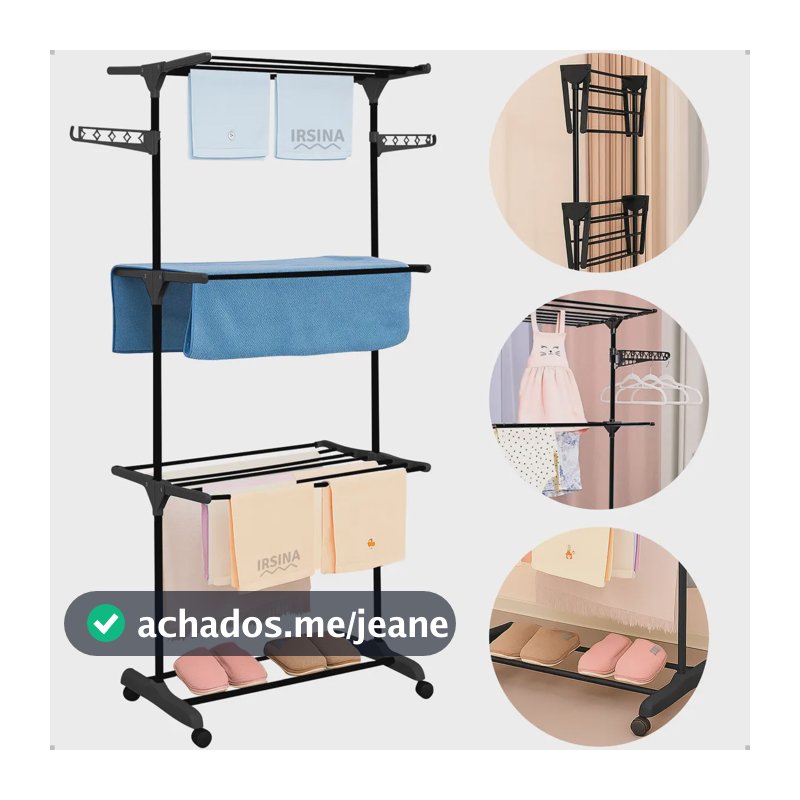 Varal Dobrável De Chão 3 Andares De Roupas Grande Com Rodinha Aba Lateral Retrátil Para Cabide Irsina