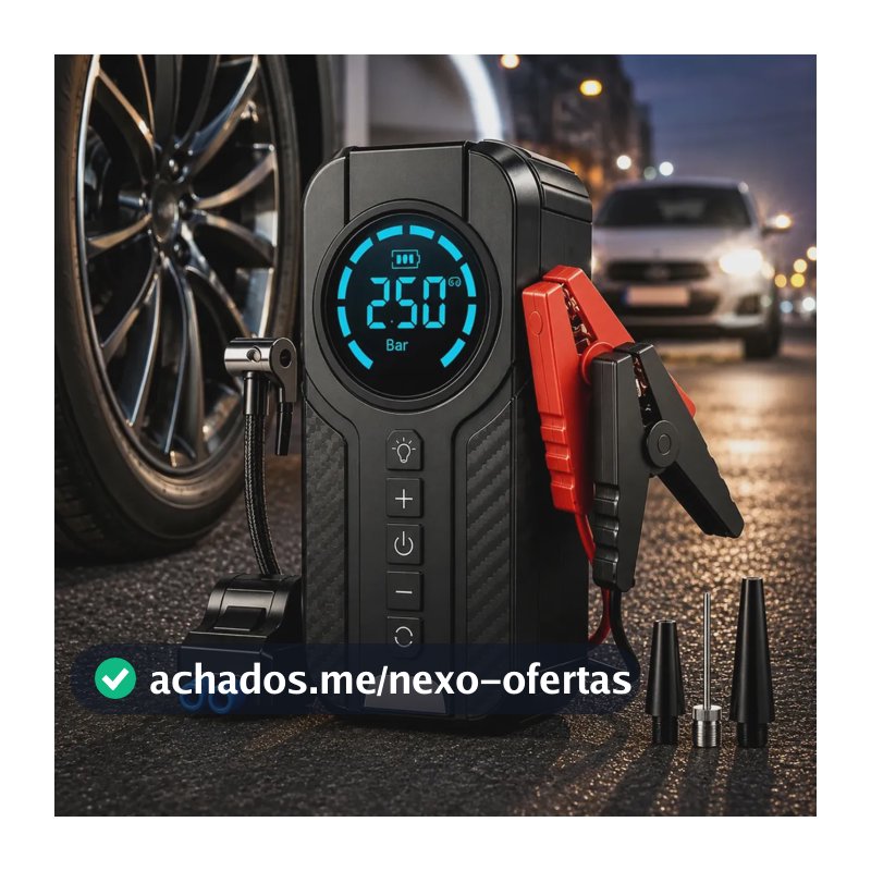 Auxiliar De Partida Bateria Com Compressor De Ar 150 Psi Calibrador Digital De Pneu 12V 4 Em 1 Recarregável Bivolt Inflador Mangueira Para Carro Caminhonete SUV Pickup Emergência Automotiva MidiaFone