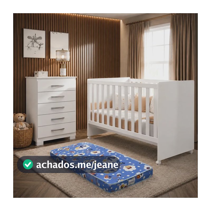 Kit Quarto de Bebê Gabriel com Berço, Colchão e Cômoda de 5 Gavetas Inova em MDF Design Moderno Americano Cor Branco