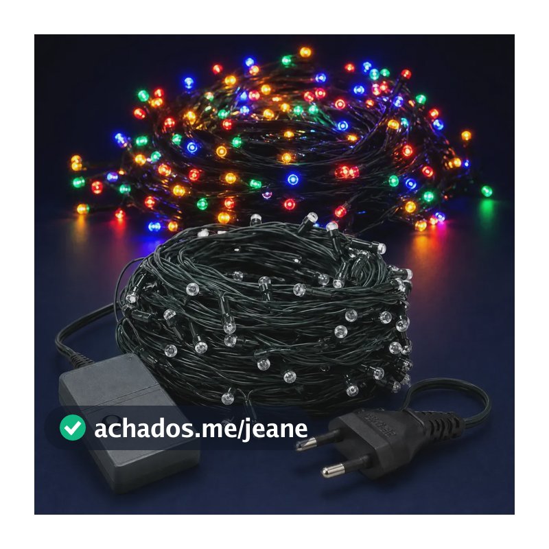 Cordão 200 Leds Pisca 20 Metros 8 Funções V8 Natal Fio Verde Colorido 127v