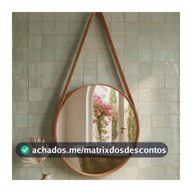 Espelho De Parede Redondo 40x40 Cm Alça Couro Decorativo Caramelo