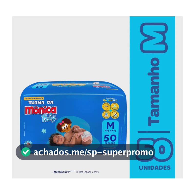 Fralda Descartável Turma da Mônica Baby M 50 Unidades 12 h