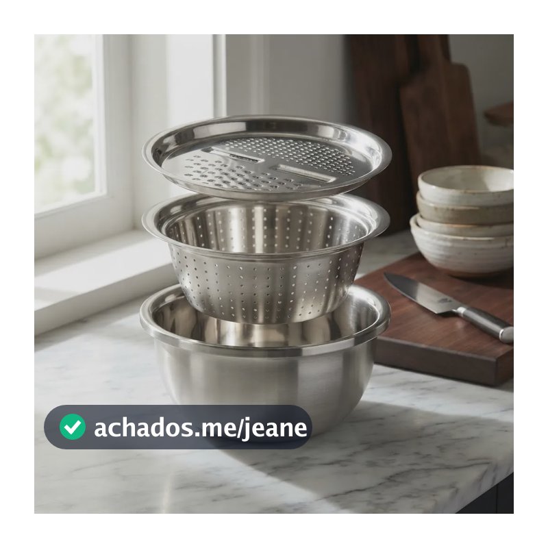 Kit 3 Em 1 Bowl, Escorredor Macarrão E Ralador Inox Prateado
