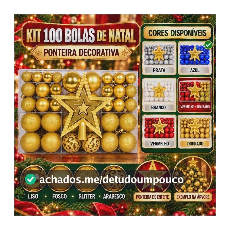 Kit 100 Bolas Natal Lisas/foscas/glitter C/ Ponteira Enfeite Dourado