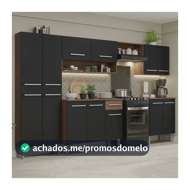 Armário de Cozinha Completa Modulada Compacta Madesa Emilly Balcão Rp Cor Rustic/Preto XAGREM2930017K