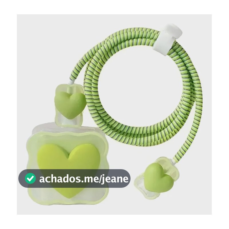 Capa Protetora Para Carregador Cabo Fonte Luxo Silicone Verde Coração - Verde