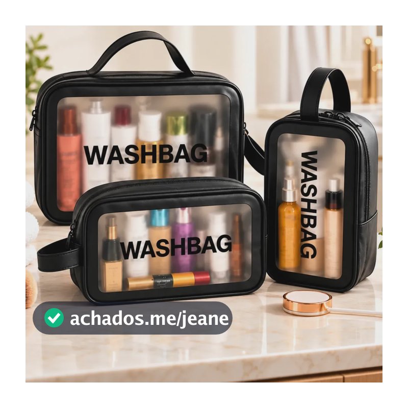 Kit 3 Necessaire Impermeável Organizador De Viagem Feminina Necessaires Mala Para Maquiagem Na Cor Preta Bolsa Lisa Transparente De Praia e Piscina 3 Peças Estojo Para Cosméticos - Marca Miran
