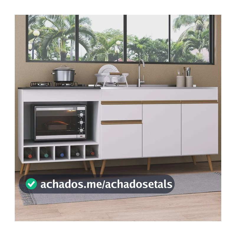 Kit Balcão de Cozinha para Pia e Balcão para Cooktop/Forno 190cm Veneza Multimóveis MP2384 Branco/Dourado
