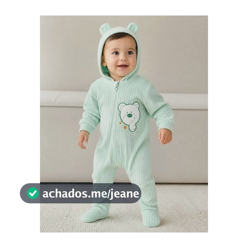 Macacão Bebê Plush Atoalhado Menino Capuz Zíper Orelhinhas Verde Listrado Rn