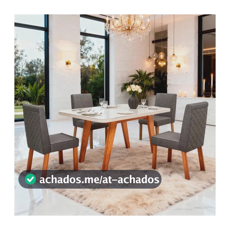 Sala De Jantar 130x90 Mavie Vidro Off 4 Cadeiras Bom Pastor Off-white Naturale Linho Chumbo
