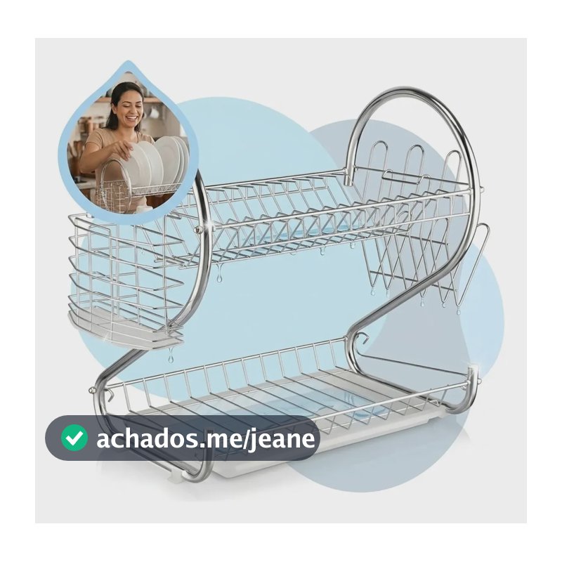 Escorredor de Louça Inox Duplo 2 Andares para 14 Pratos com Porta Copos Porta Talheres e Bandeja Coletora Escorredor de Pratos de Bancada 42 x 25 x 38 cm Shokki