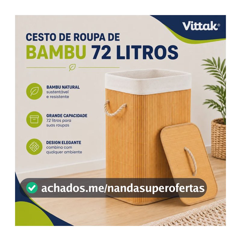 Vittak Cesto De Roupa Bambu 72 Litros Liso Dobrável Retangular Com Tampa E Forro