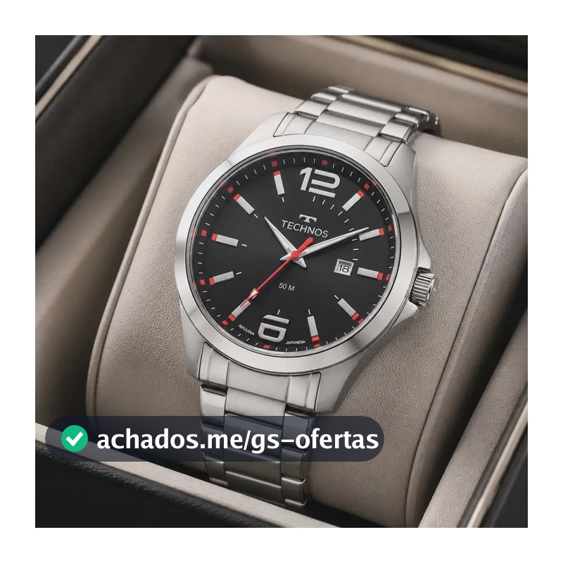 Relógio Masculino Technos Racer Grande 46 Milímetros Aço Inoxidável Analógico Prateado Mostrador Preto Detalhes em Vermelho Performance Calendário Prova D'Água 50m 2115GUS1R