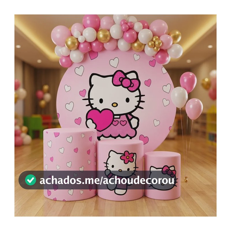 Kit Capa Painel De Festa Hello Kitty + 3 Capas Cilindros