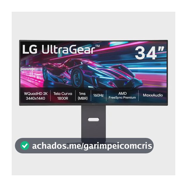 Monitor Gamer LG UltraGear Curvo 34"- QuadHD 2K, UltraWide 1800R, 160Hz, 1ms (MBR), AMD FreeSync Premium, HDR10, MaxxAudio, Preto -34G600A
