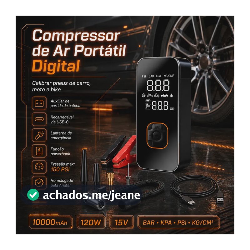 Auxiliar de Partida de Bateria Veicular Portátil Com Compressor de Ar Para Carro e Moto