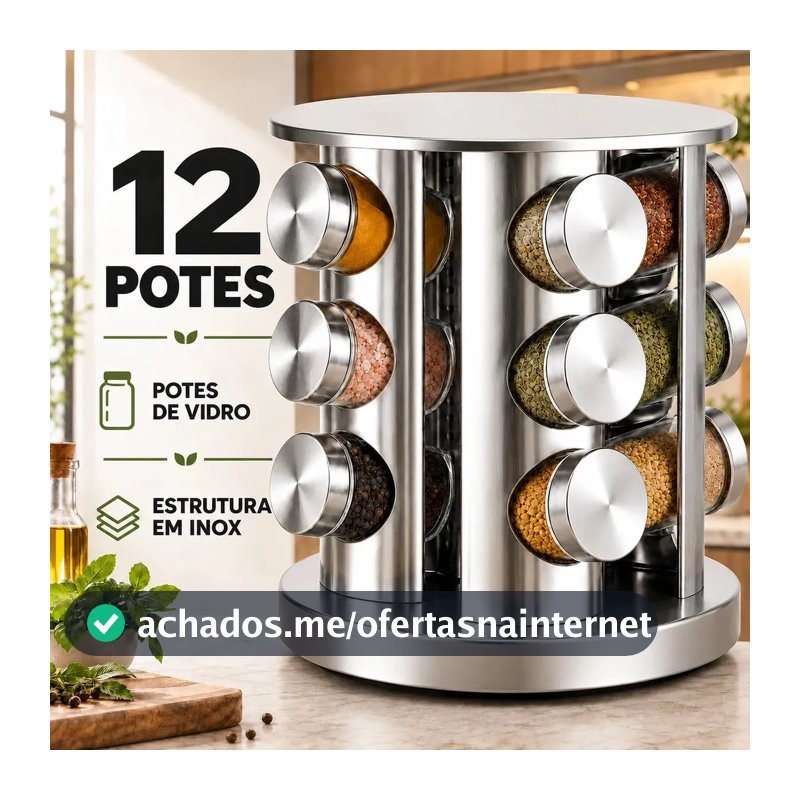 Porta Temperos Giratório 360° Inox 12 Potes de Vidro Organizador para Condimentos Especiarias Cozinha Suporte Carrossel Moderno Prático Premium e Luxo