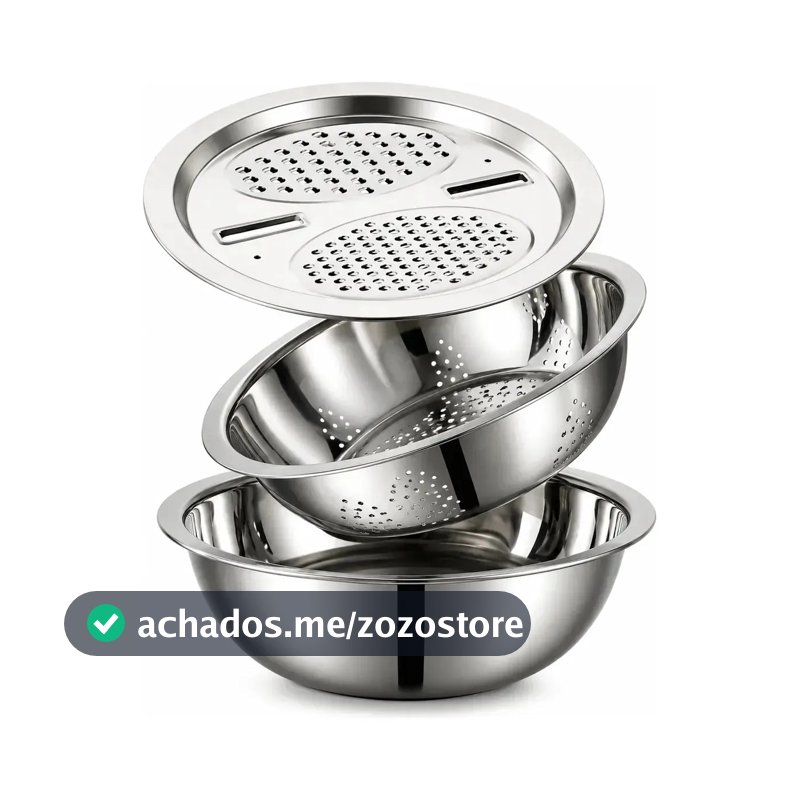 Kit Tigela Inox 6 em 1 com Escorredor e Ralador Cortador Bowl Multifuncional Macarrão Alimentos