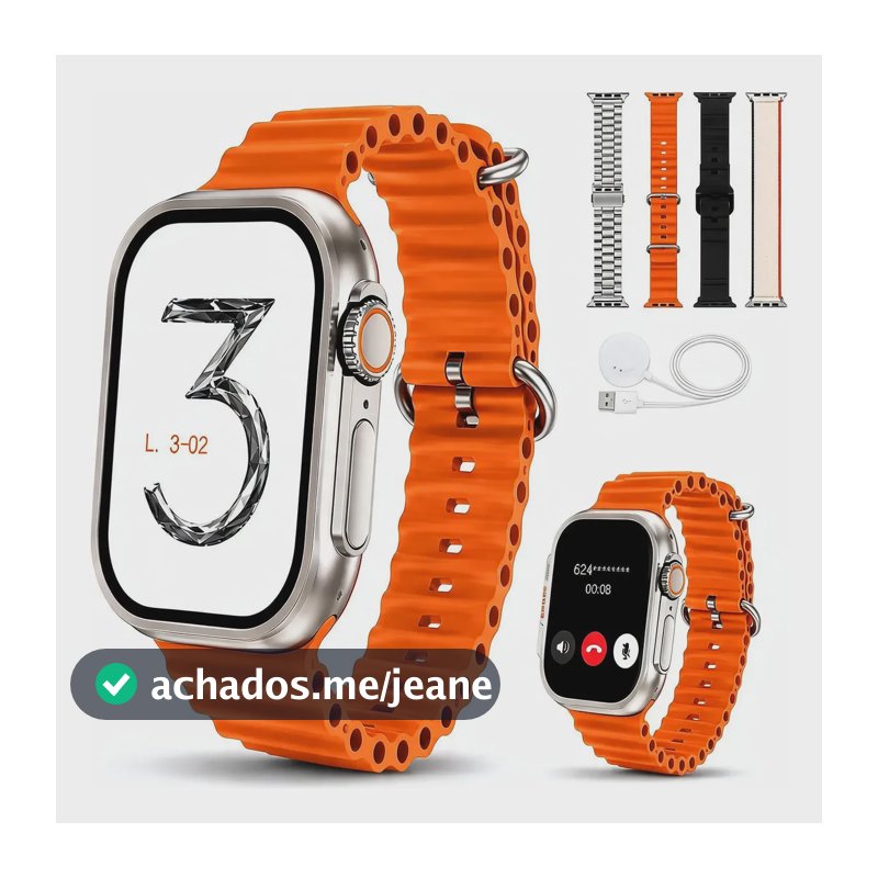 Smartwatch 49mm Bluetooth Chamadas 4 Pulseiras Titânio Dourado Titânio Esportivo Metálico Laranja Preto Bege Prata