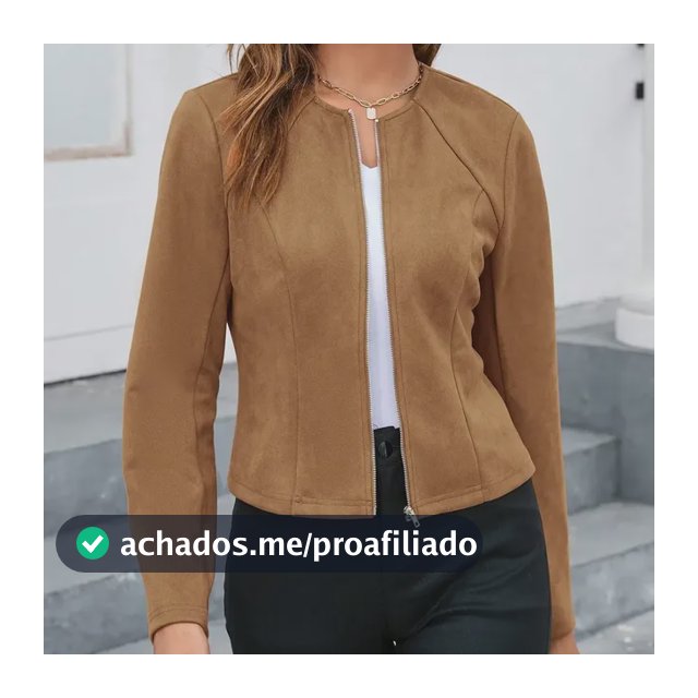 Jaqueta De Gola Redonda Com Zíper Na Frente Para Mulheres
