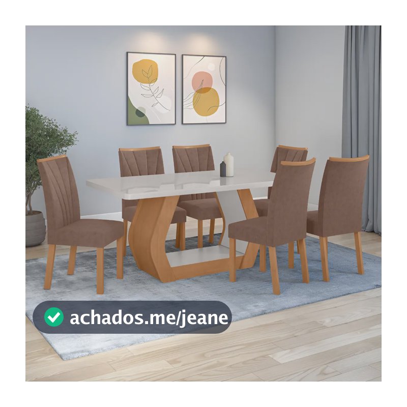 Conjunto Sala de Jantar Easy Tower 6 Cadeiras Couro Morano Avelã