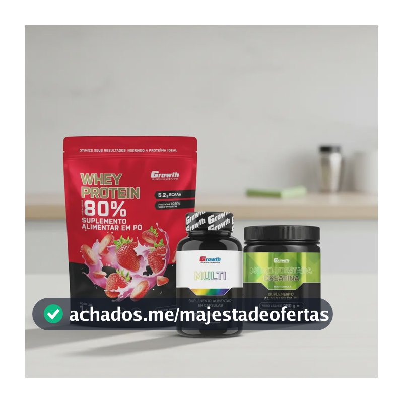 Kit Growth: Whey Protein Morango 1kg + Multivitamínico 120 Cáps + Creatina Monohidratada 250g