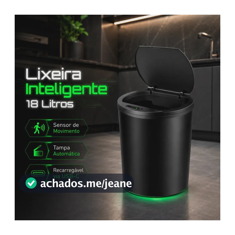 Lixeira Inteligente Sensor Automático 18 Litros Redonda Preta Tampa Touchless Recarregável USB Anti Odor Ideal para Cozinha Banheiro