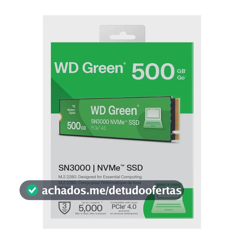 SSD WD Green SN3000, 500GB, M.2 2280, PCIe NVMe, Leitura 5000MB/s, Gravacao 4100MB/s, WDS500G4G0E