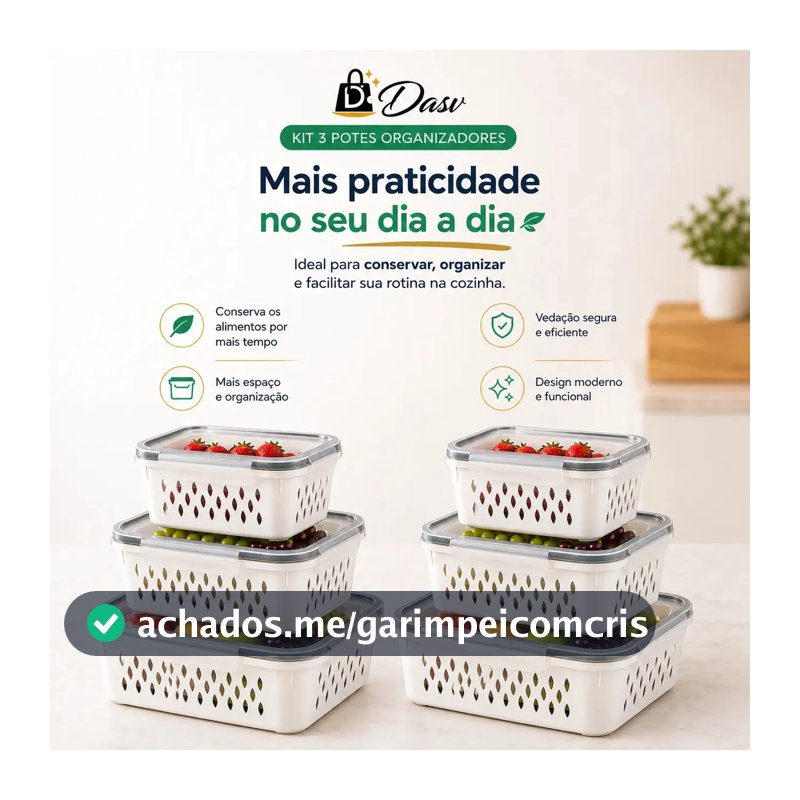 Conjunto Kit 6 Organizadores Geladeira Transparente Hermético Escorredor Cesto Frutas Alimentos Verduras Legumes Dasv