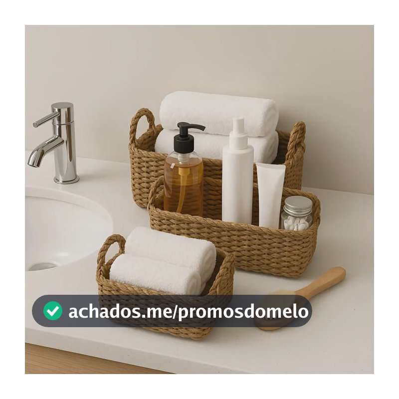 3 Cestos Conjunto Organizador Rústico Em Palha Natural Boho