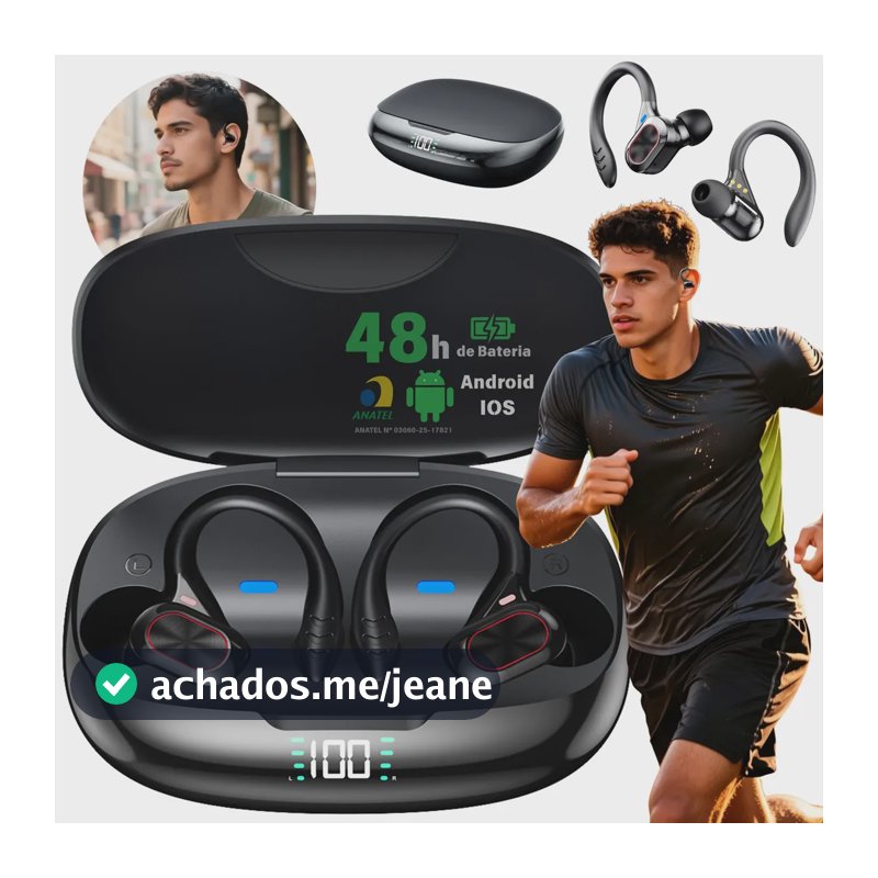 Fone de Ouvido Bluetooth JSKJ TWS730-V6 para Esportes, com Gancho e IPX5