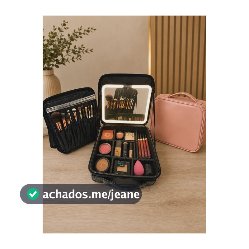Maleta Maquiagem Necessaire C/ Divisoria Espelho Led E Alça Rosa