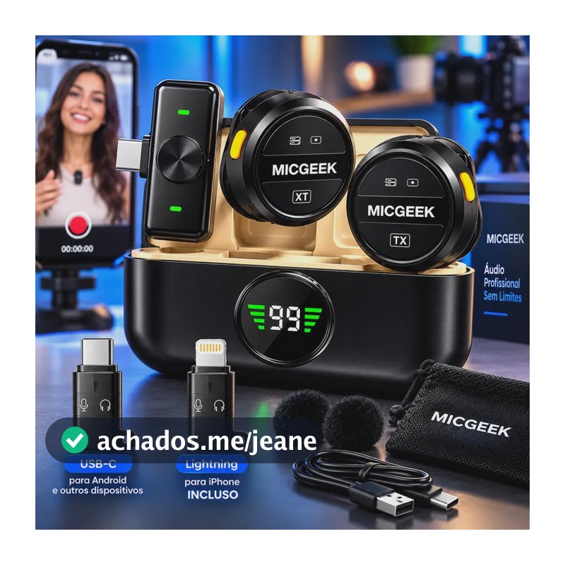 Microfone Lapela Redondo Sem Fio Tipo-C Duplo Anti Ruído P/ Android E iPhone 15 16 17 Com Caixinha Para Carregamento Cor Preto MICGEEK