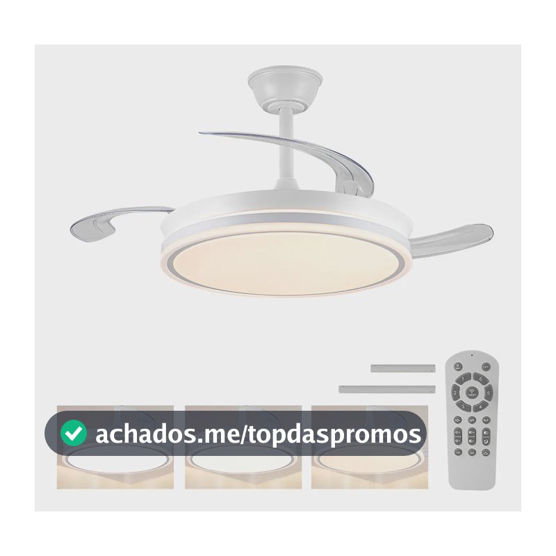 Ventilador de Teto LED Silencioso Nepul Turbo com 3 Pás Retráteis e Controle Remoto Branco 42"