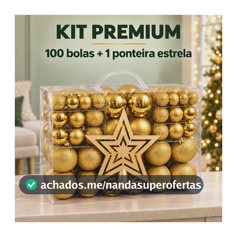 Kit 100 Bolas Árvore De Natal + Ponteira Estrela Pendente Bolinhas Lisas Foscas Glitter Decoração Natalina Premium Cor Dourado