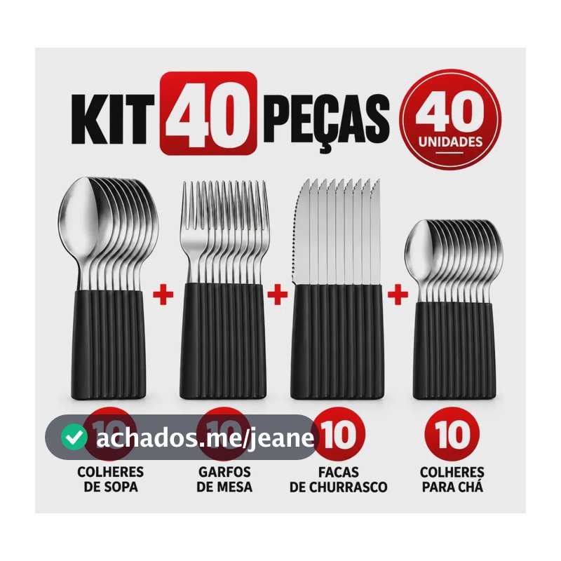 40talheres Em Inox Com Cabo Plastico Preto Premium Preto