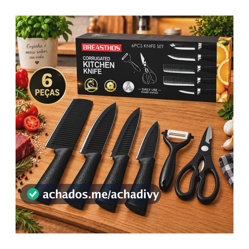 Jogo De Facas Inox Kit 6 Peças  Para Cozinha Preto