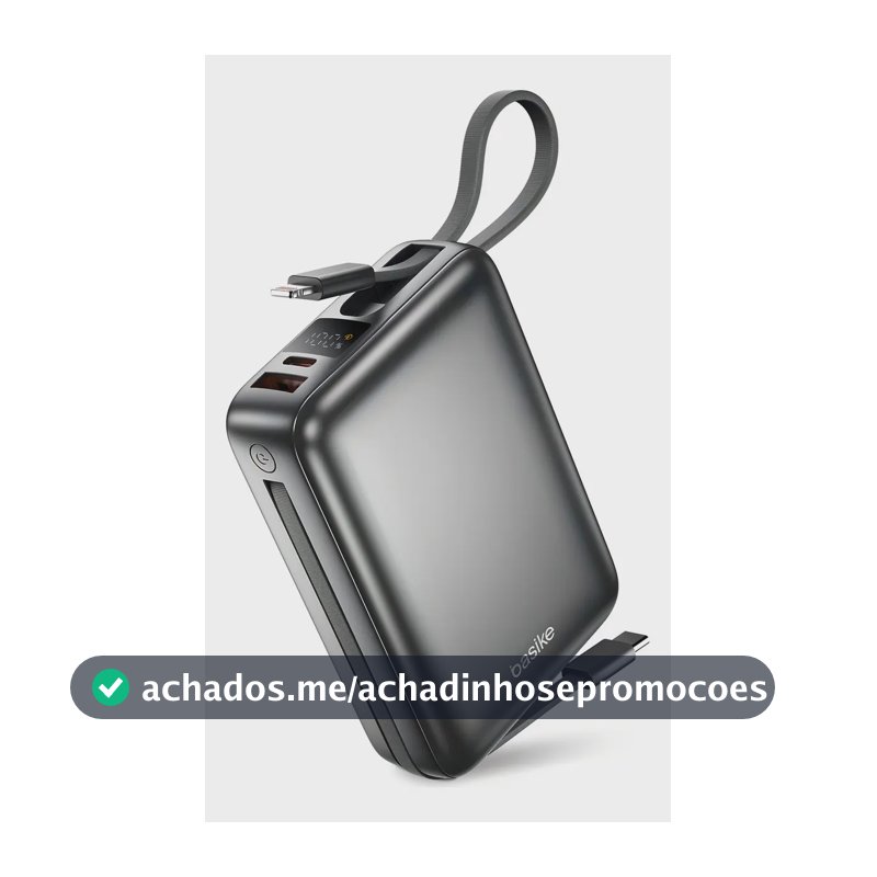 Carregador Portátil Power Bank Basike 20000mAh 22.5W Rápido Cabos Embutidos Tipo C iPhone Samsung