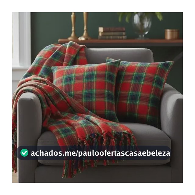 Kit Manta + 2 Capas De Almofada Jacquard Decoração Natal Vermelho Xadrez Dourado