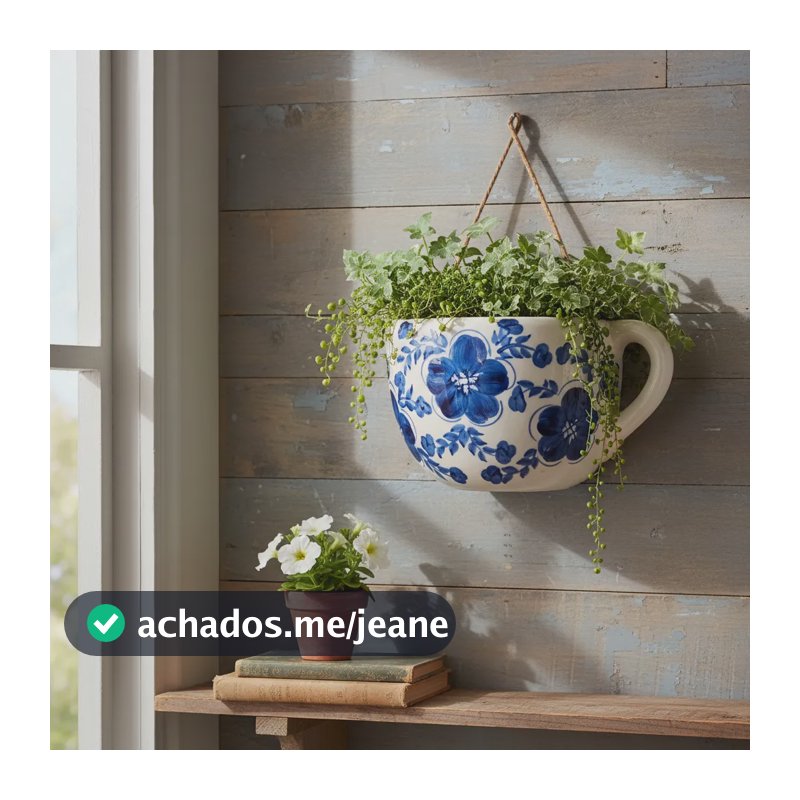 Floreira Parede Cerâmica Xícara Floral Azul Vaso Decorativo Branco Floral