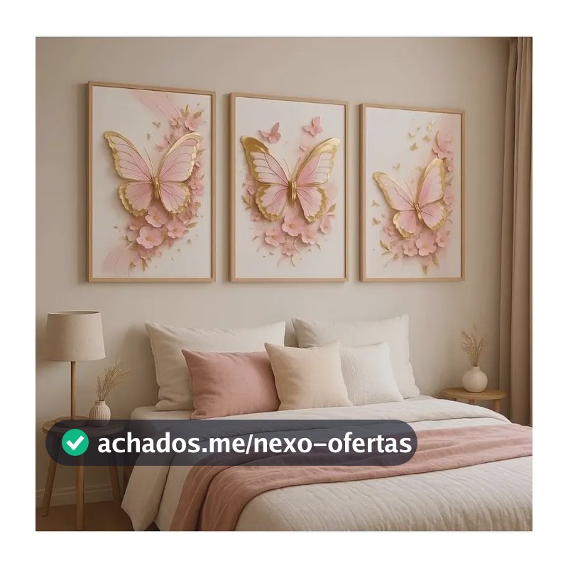 Kit 3 Quadros Decorativos 60x40cm Borboletas Delicadas Rosa-claro Rosa