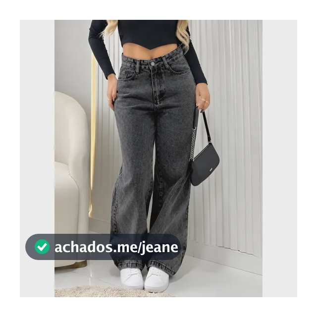 Calça Jeans Wide Leg Feminina Cintura Alta Pantalona Preto Black Marmo Liso 44